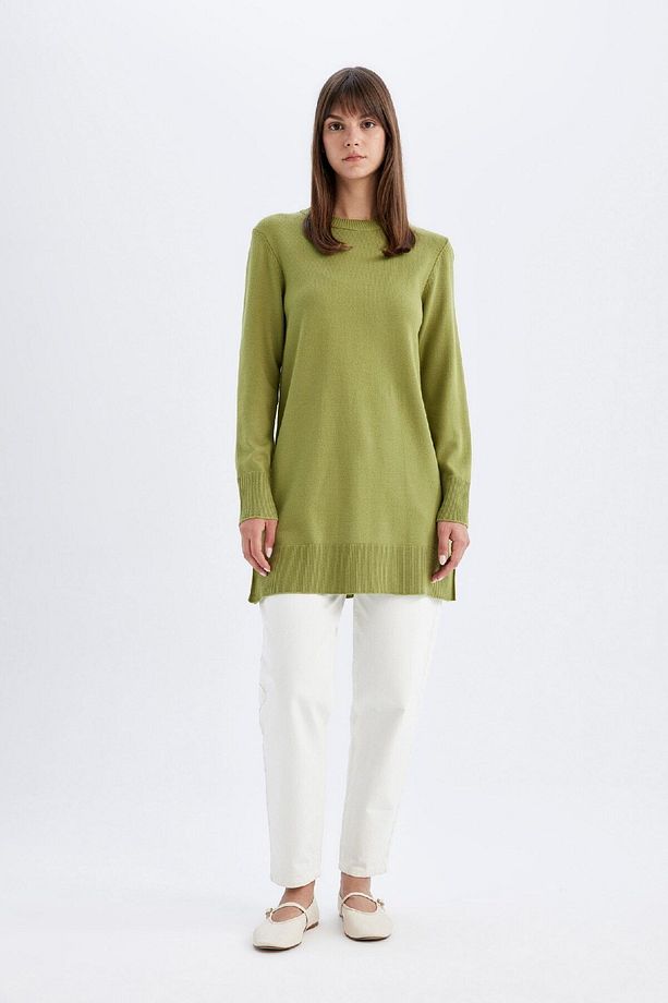 Regular Fit Bisiklet Yaka Yırtmaçlı Basic Düz Triko Kazak Tunik H3431az24au - 2