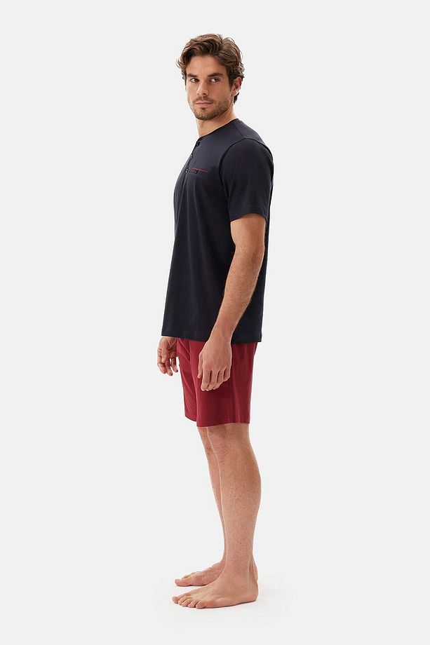 Lacivert Yarım Patlı Kısa Kollu Şort Pijama Takımı - 3