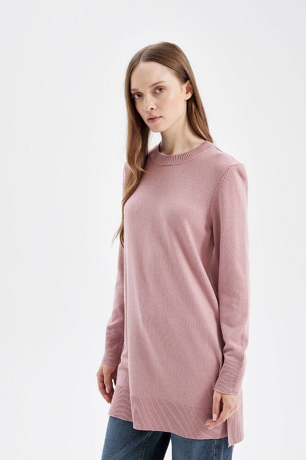 Regular Fit Bisiklet Yaka Yırtmaçlı Basic Düz Triko Kazak Tunik H3431az24au - 4