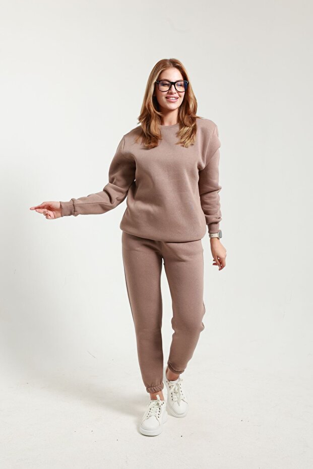 3 Thread Women's Tracksuit Set Crew Neck Bottom Top with Soft Fleece Inside