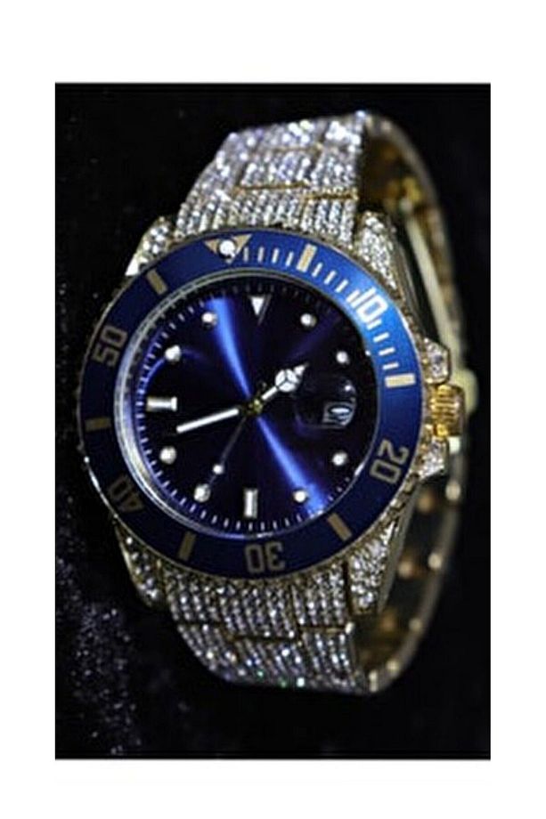 Full Taşlı Mavi Kadran Iced Submariner Case Watch - 1