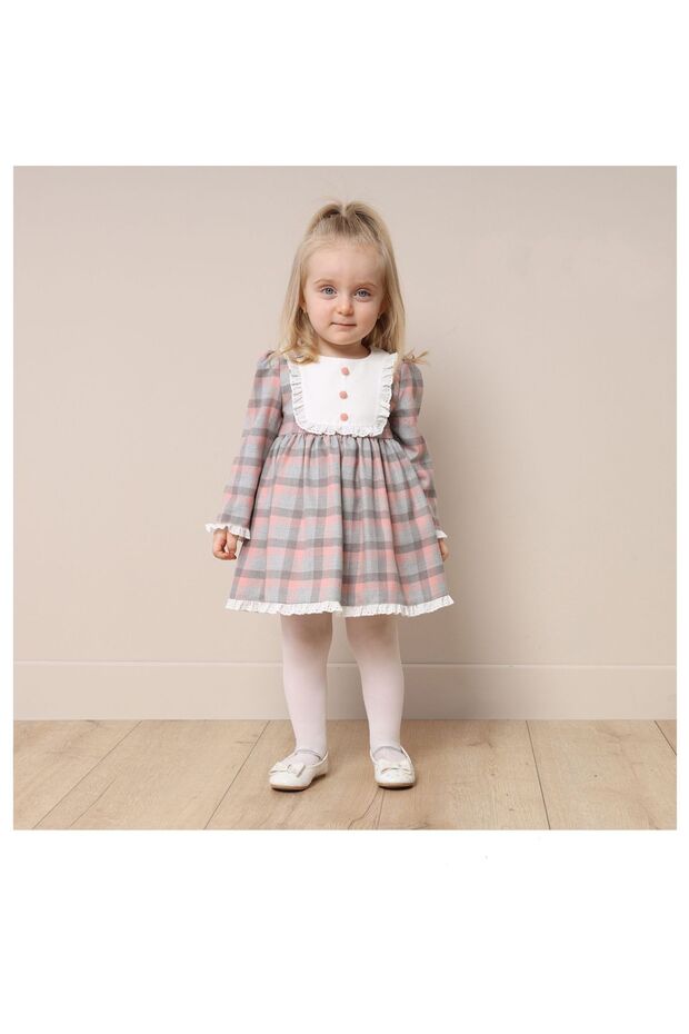 6-24 Months Girls Pink-Grey Long Sleeve Plaid Dress with Lace Detail