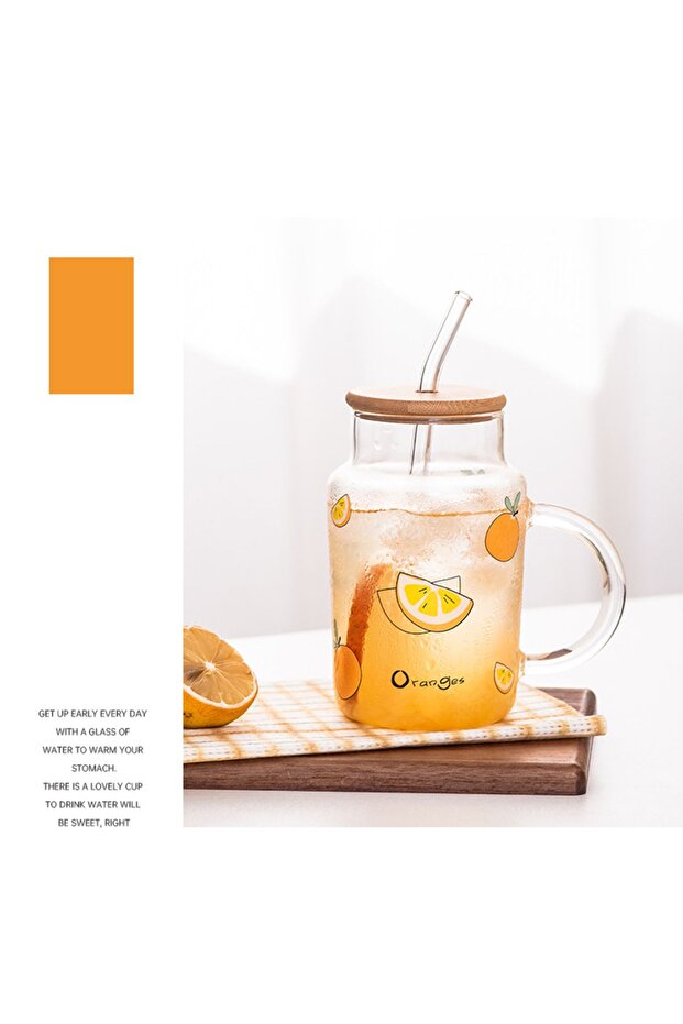 Orange Glass Mug with Straw, Orange, 12X7