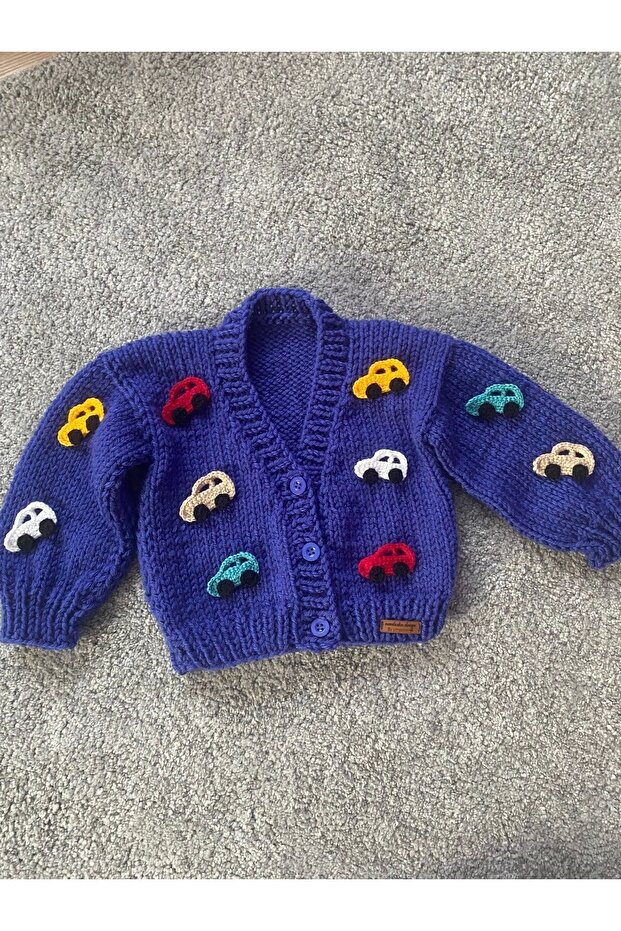 Hand Knitted Boy's Cardigan with Car Detail