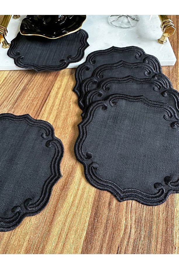 6 Adet Curly Modeli Siyah Renk Nakışlı Kahve Yanı Kokteyl Sunum Peçete - 4