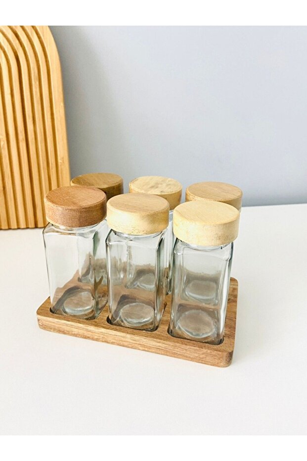 Dmr Life 6-Piece Acacia Spice Jar Set with Acacia Stand and Lid, Spice Rack with Spreader Head