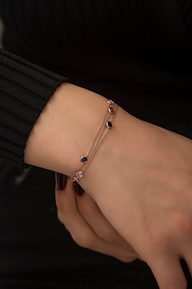 925 Ayar Rose Kaplamalı Mix Zirkon Taşlı 3 Zincirli Gümüş Bileklik - 1