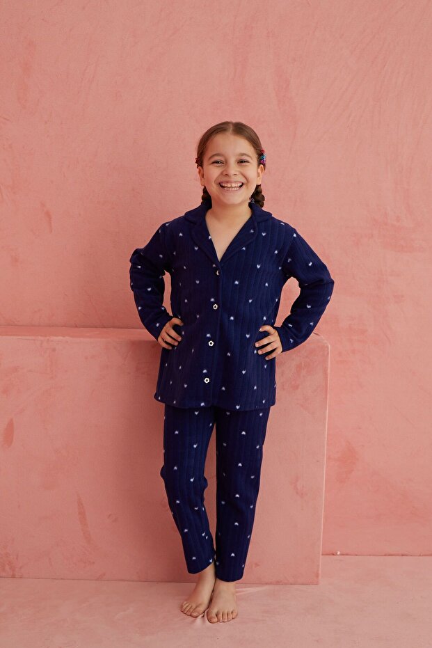 Lacivert Kalp Desenli Önden Düğmeli Polar Pijama Takım - 3