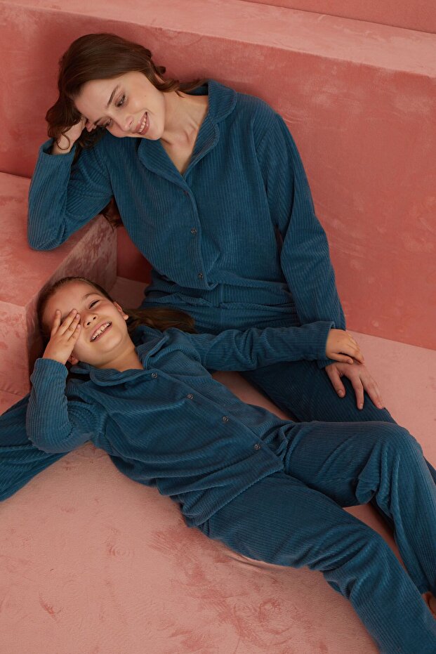 Petrol Düz Önden Düğmeli Polar Pijama Takım - 1