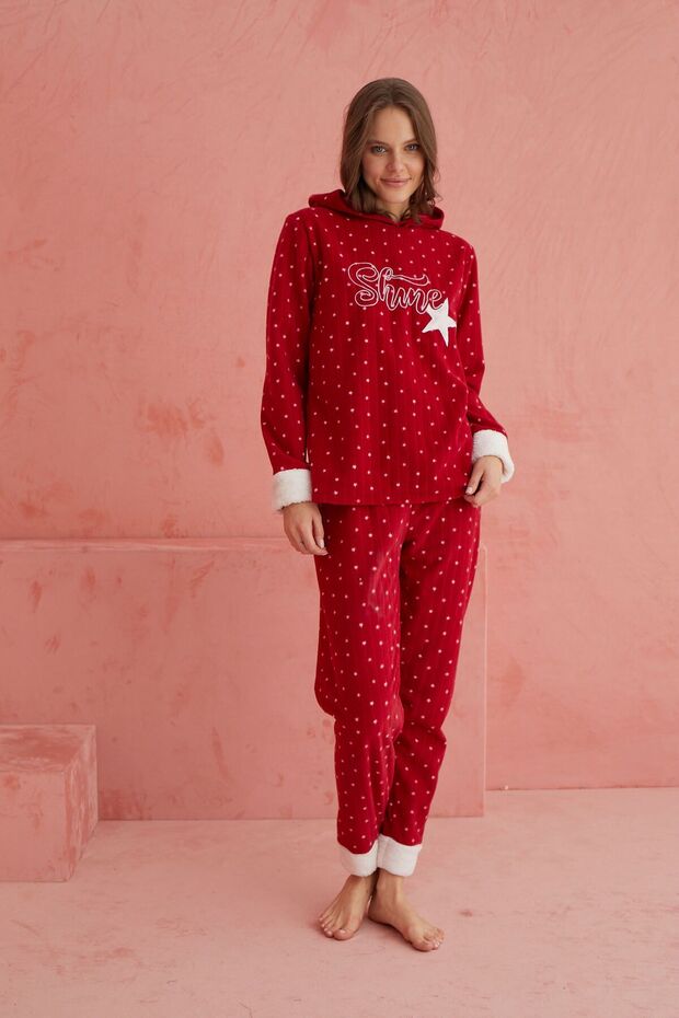 Kırmızı Shine Yıldız Desenli Bisiklet Yaka Peluş Polar Pijama Takım - 2