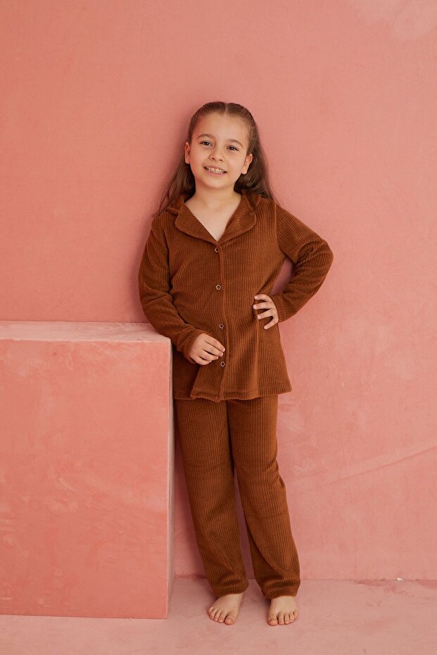 Kahve Düz Önden Düğmeli Polar Pijama Takım - 3