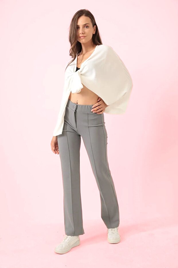 Women's high waist lycra gathering crepe fabric front buttoned palazzo pants