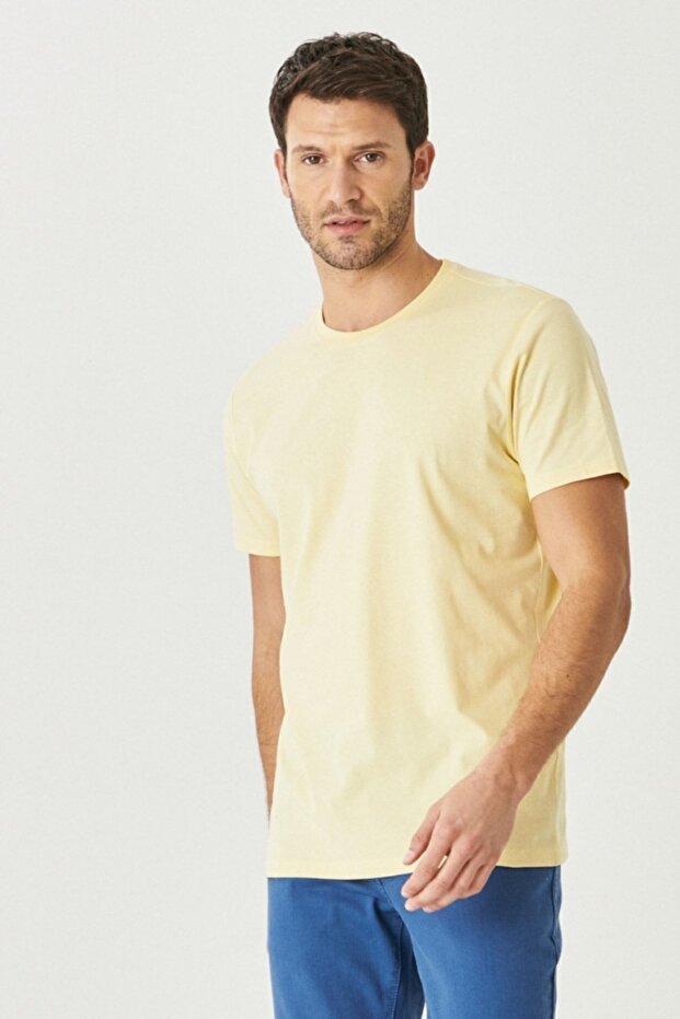 Erkek Saks-kırmızı-sarı-ındıgo Melanj Slim Fit Dar Kesim 4'lü Basic Tişört Paketi - 6