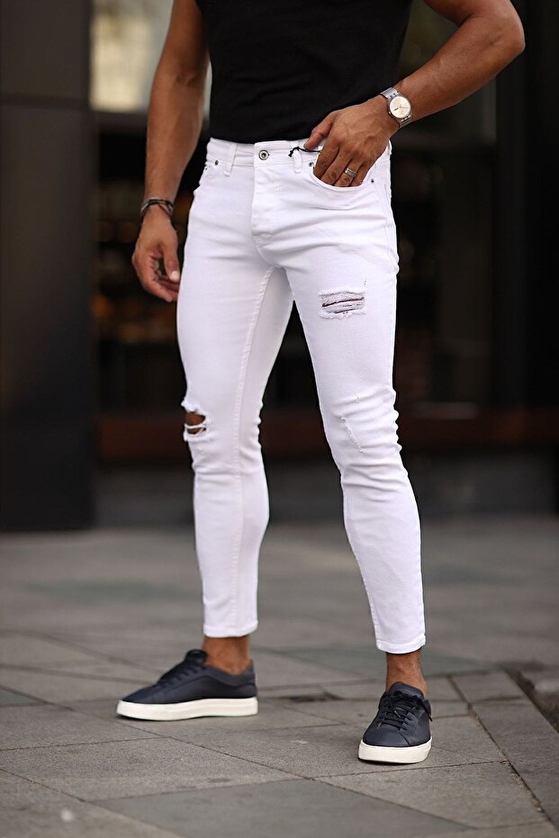 White Ripped Model Lycra Skinny Leg Trousers