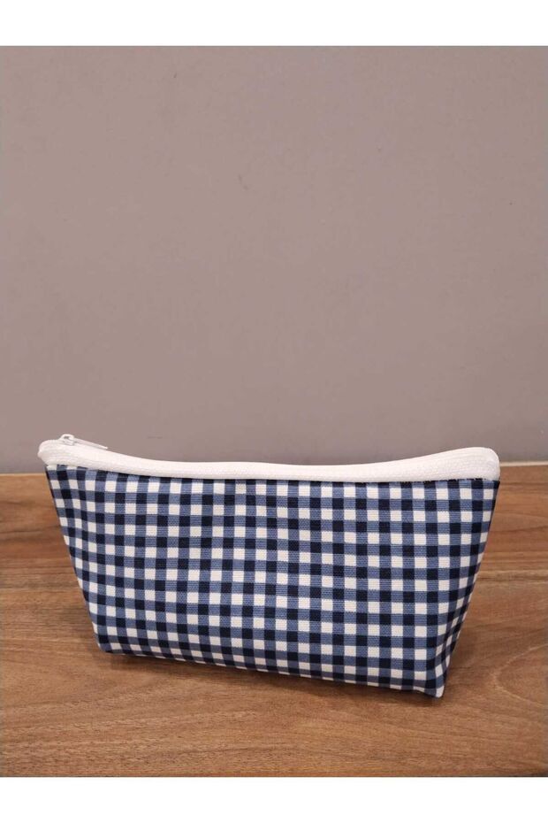 Blue Small Checkered Washable Zippered Single Eye Cloth Pen Holder
