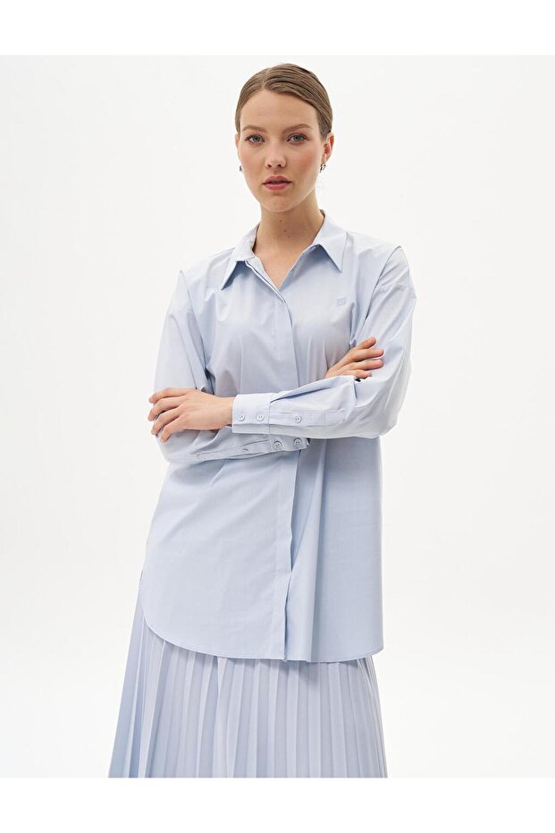 Gömlek Yaka Basic Poplin Tunik Buz Mavisi - 7