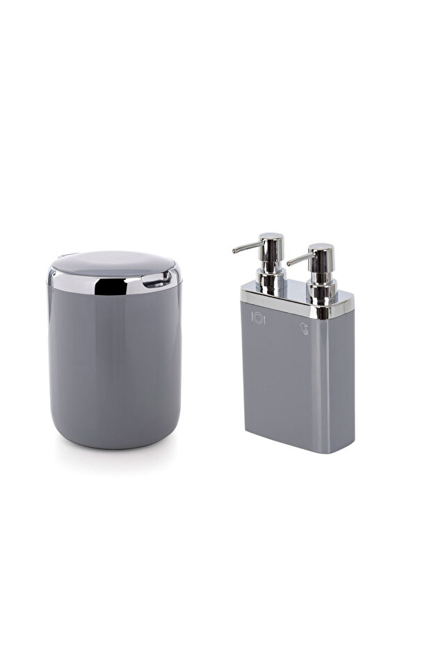 Viva Set of 2 Kitchen Liquid Soap Dispenser + Kitchen Trash Can - Gray