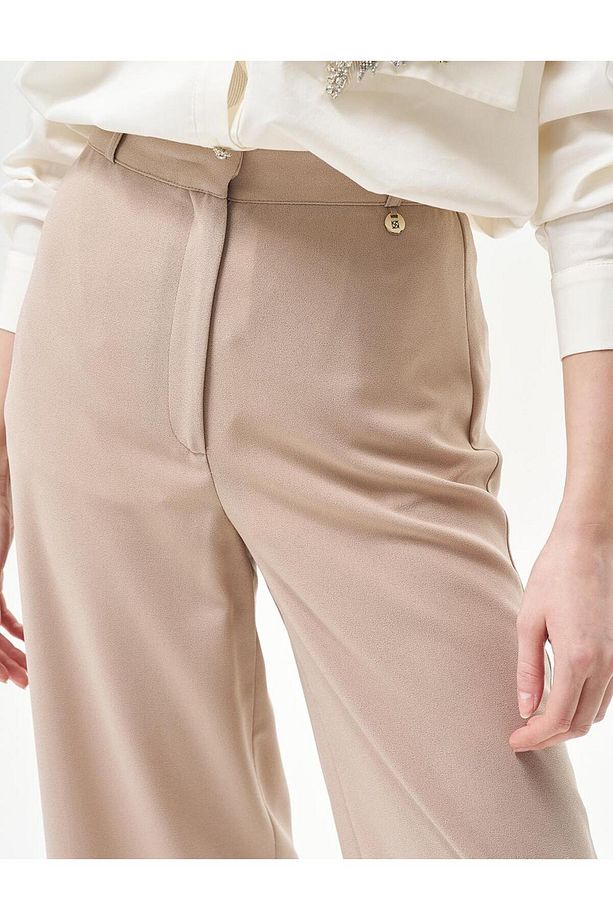 Basic Geniş Paça Krep Pantolon Bej - 5
