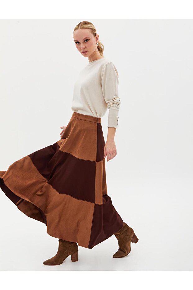 Parçalı Evaze Etek Camel - 1