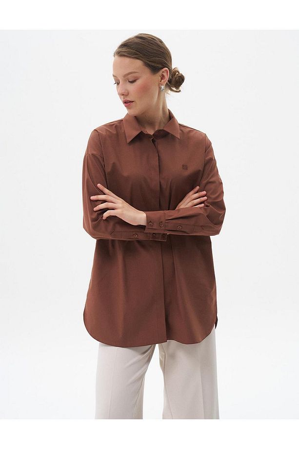 Gömlek Yaka Basic Poplin Tunik Koyu Kahve - 4