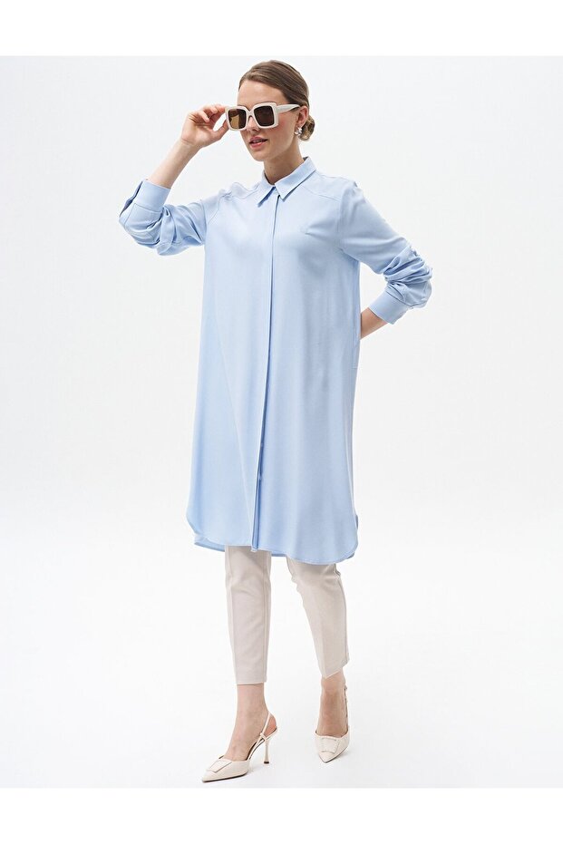 سترة طويلة أساسية مخفية باللون الأزرق الجليدي - 2