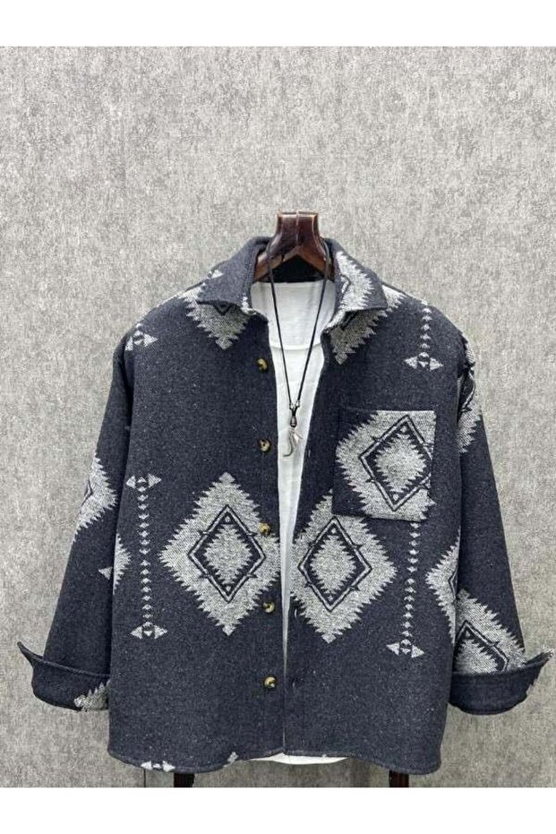 Oversize Bohem Desenli Oduncu Gömlek - 1