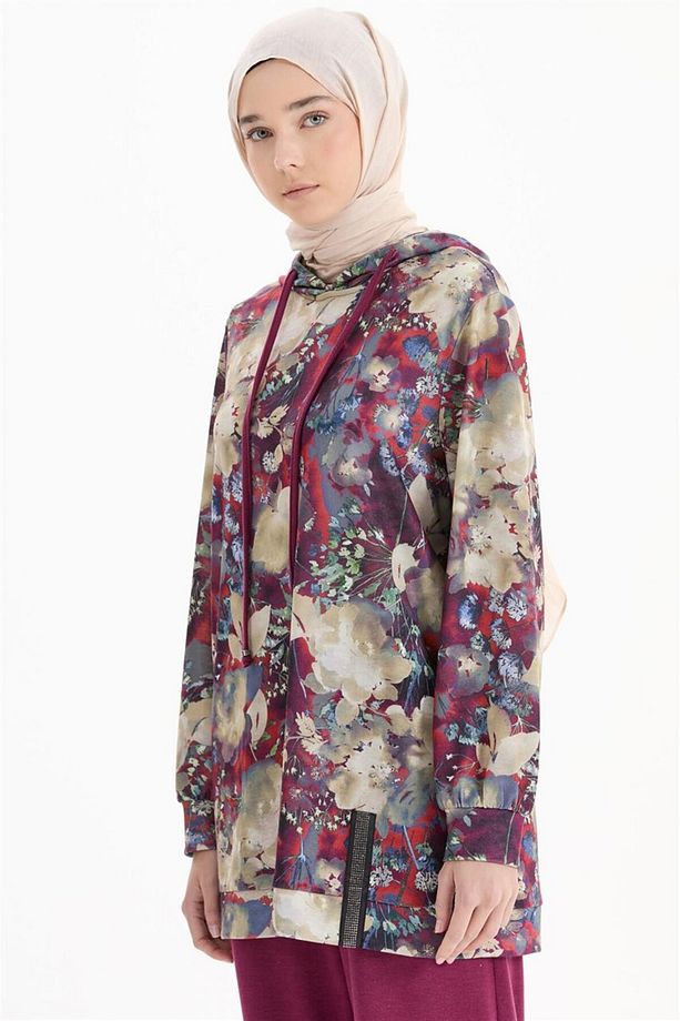 Kapüşonlu Desenli Tunik-pantolon Mürdüm Örme Takım - 1