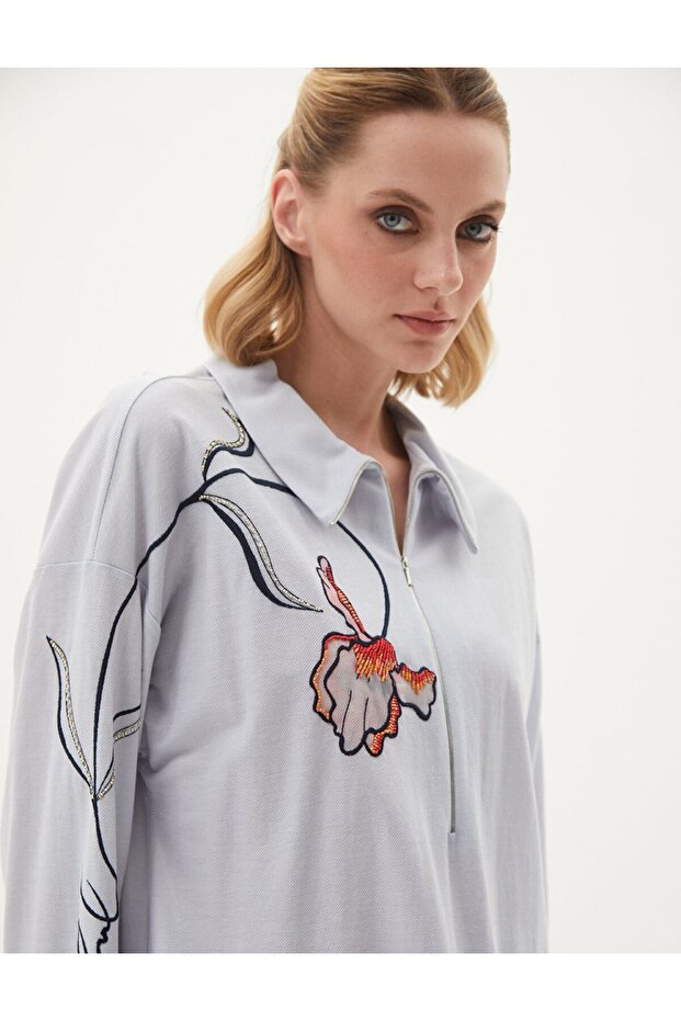 Nakışlı Sweatshirt Mavi - 6