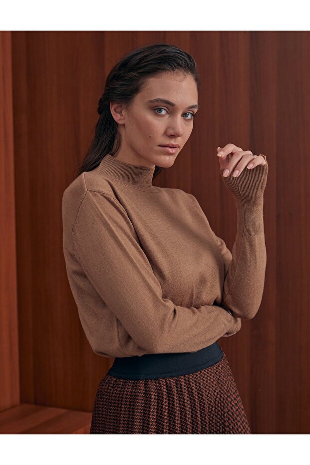 Basic Triko Bluz Bej - 1