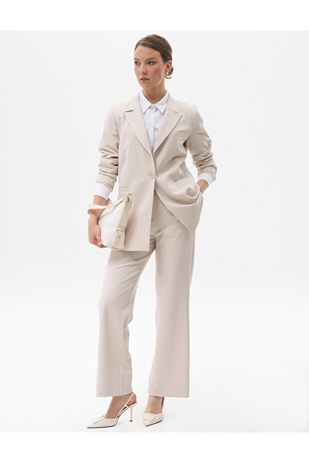 Beli Lastikli Basic Pantolon Taş - 3