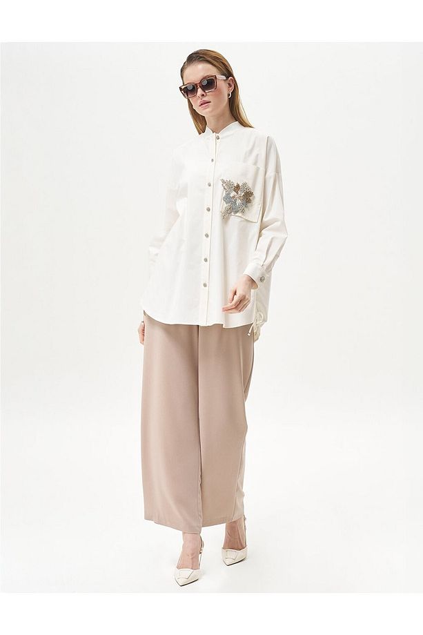 Pileli Cep Detaylı Basic Pantolon Bej - 6