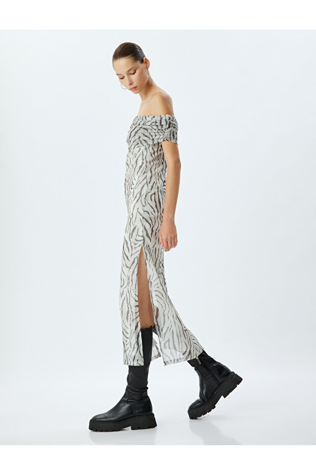 Long Tulle Dress Madonna Neck Off the Shoulder Zebra Print with Slit Detail