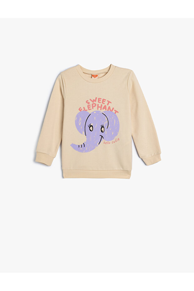 Sweatshirt with Elephant Print, Crew Neck, Cotton, Embossed