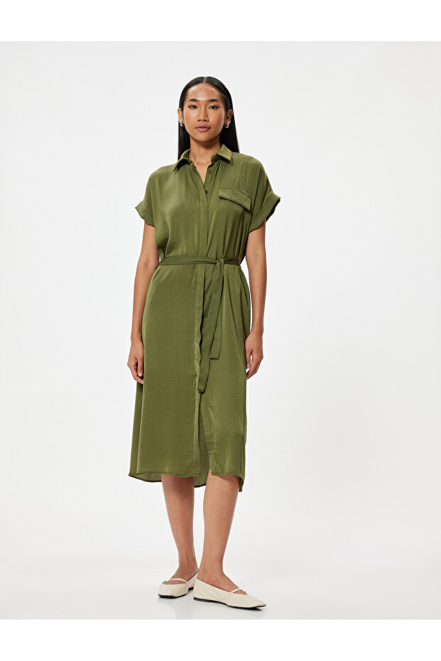 Aerobin Satin Midi Length Shirt Dress Short Sleeve Belted Flared Skirt