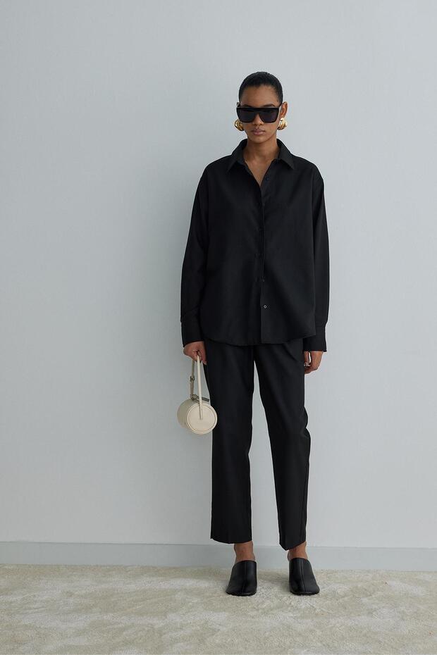 Siyah Jil Pamuklu Basic Gömlek - 3