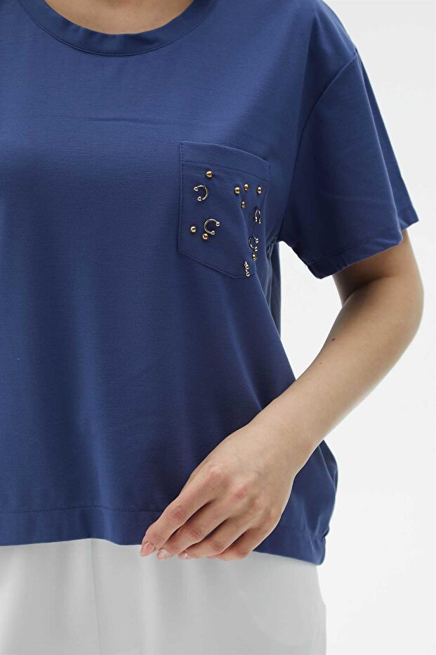 Cep Detaylı Bluz Indigo - 3