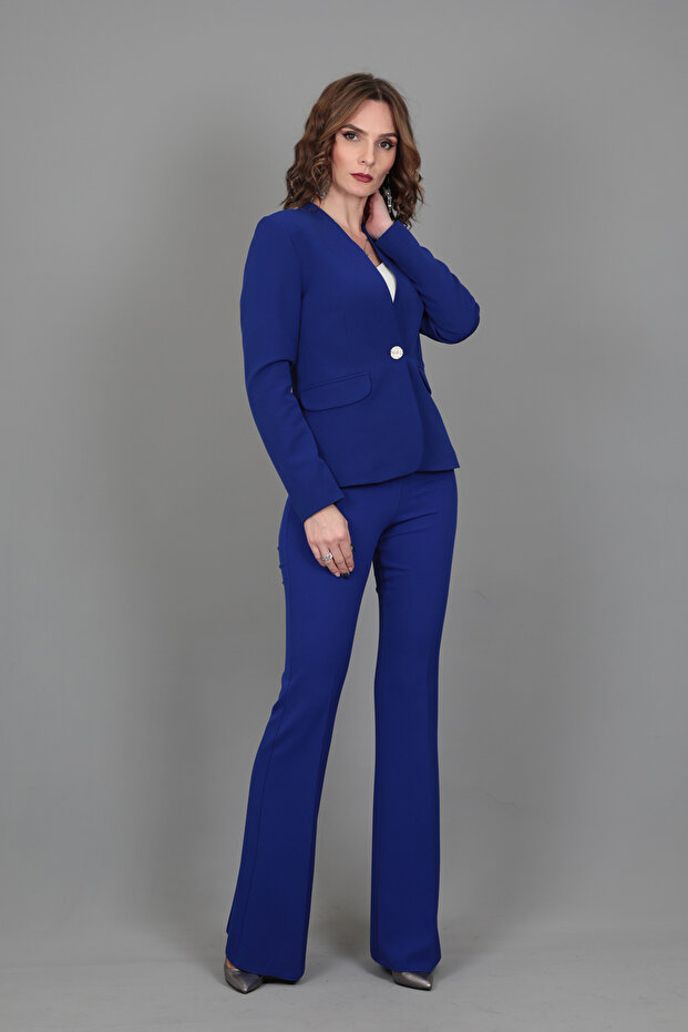 Yakasız Tek Düğmeli Ceket & İspanyol Paça Pantolon Takım-Saks - 4