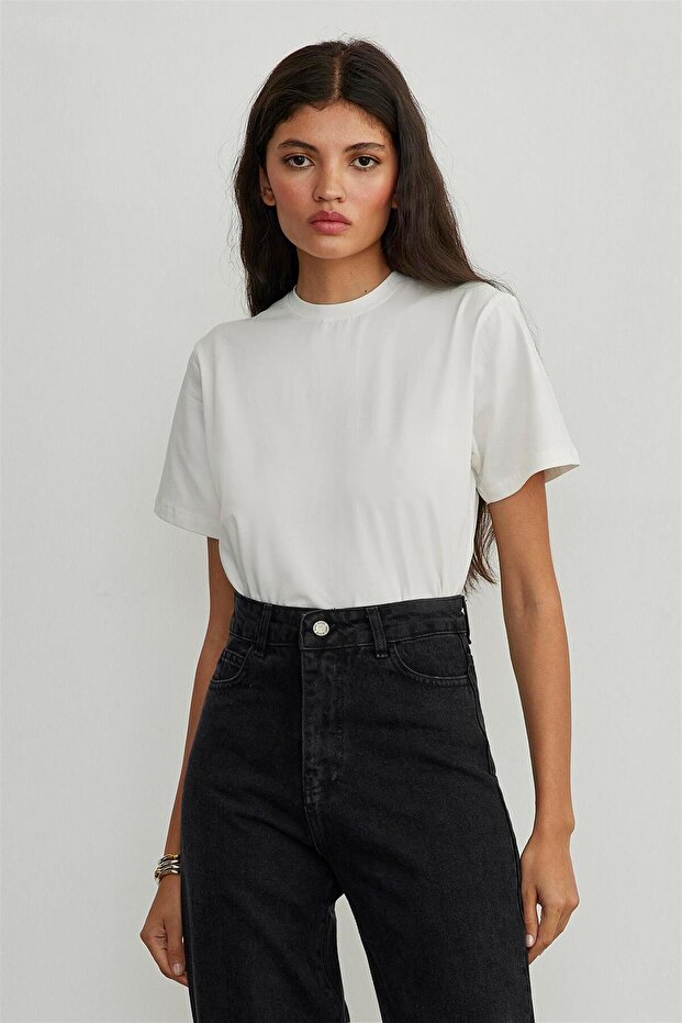 Ekru Pamuklu Basic Tişört - 1