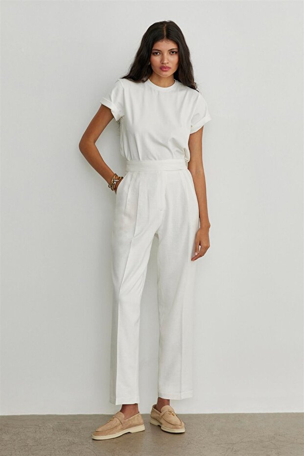 Ekru Pamuklu Basic Tişört - 4