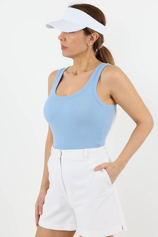 Kadın Cotton Premium Doku Mavi Pamuklu Basic Fitilli Atlet - 5