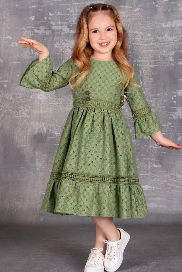 Girl's Long Sleeve Dress with Necklace