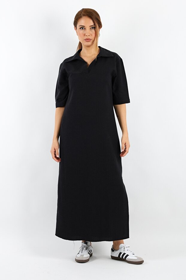 Kadın Basic Siyah Polo Yaka Yırtmaçlı Elbise - 1