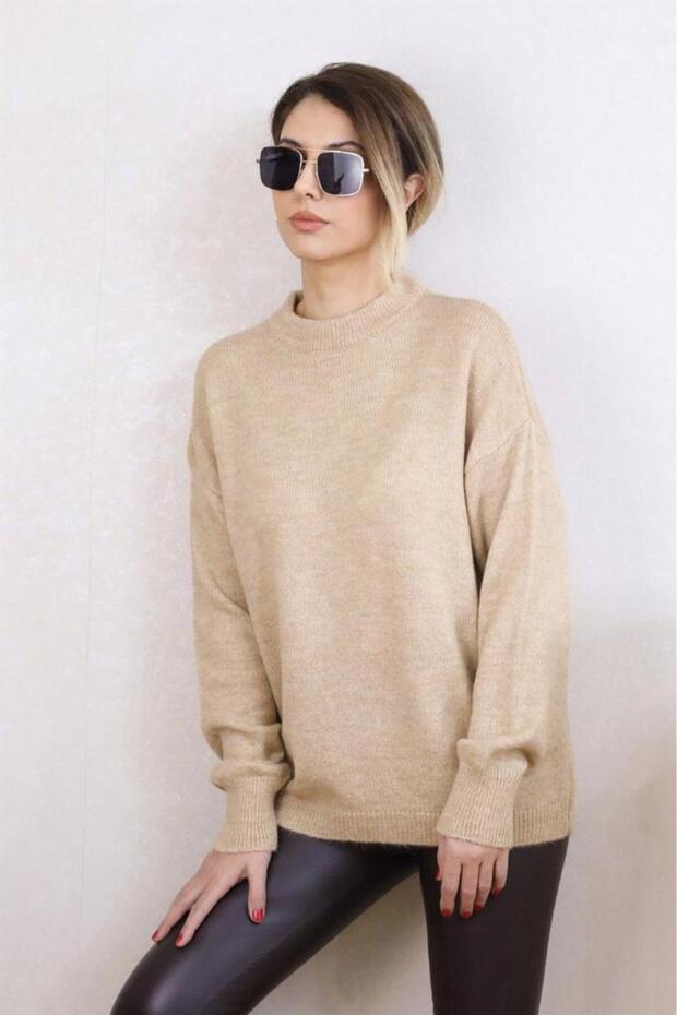 Kadın Camel Oversize Basic Kazak - 3