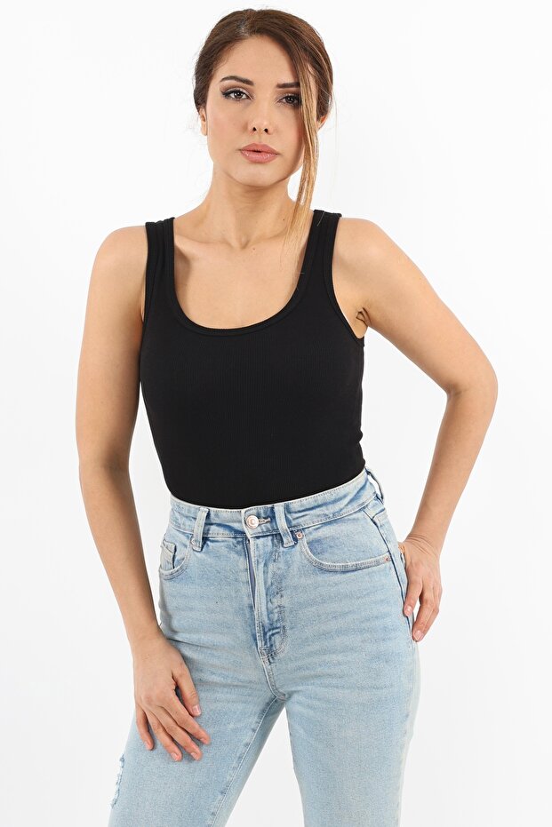 Kadın Cotton Premium Doku Siyah Pamuklu Basic Fitilli Atlet - 2