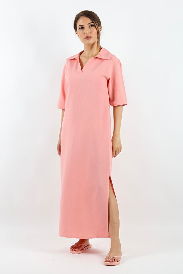 Kadın Basic Somon Polo Yaka Yırtmaçlı Elbise - 1