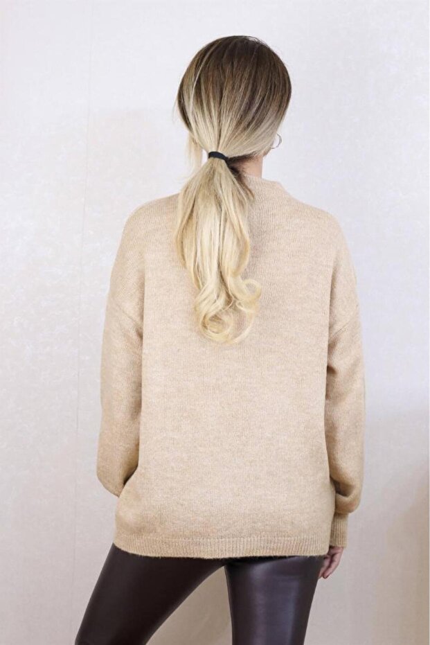 Kadın Camel Oversize Basic Kazak - 5