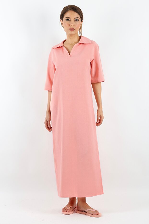 Kadın Basic Somon Polo Yaka Yırtmaçlı Elbise - 3