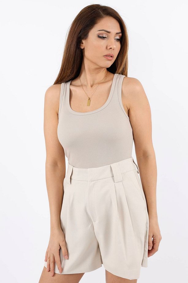 Kadın Cotton Premium Doku Bej Pamuklu Basic Fitilli Atlet - 7