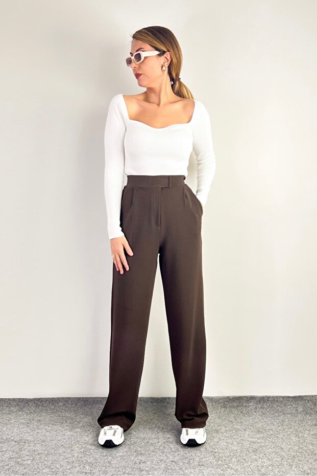 Line női Lycra tépőzáras barna Palazzo nadrág - 5