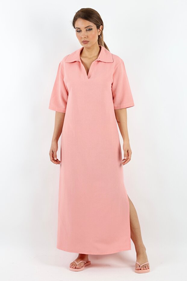 Kadın Basic Somon Polo Yaka Yırtmaçlı Elbise - 6